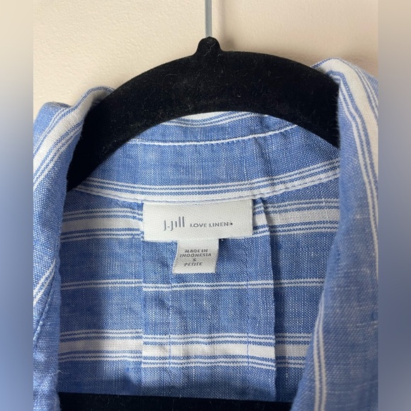 J Jill Love Linen Shirt Blue White Striped Button Up Small Petite Relaxed Beach - Picture 2 of 8